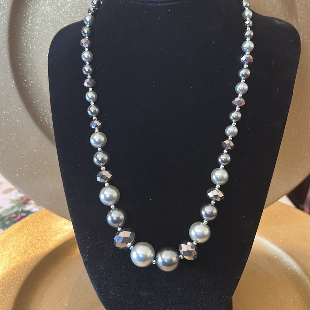Elegant Silver Pearl and Crystal Beaded Necklace; Adjustable Length; Beautiful!